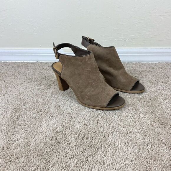 Bass Belted-Heel Open-Toe Suede Leather Booties - Brown - Picture 1 of 6